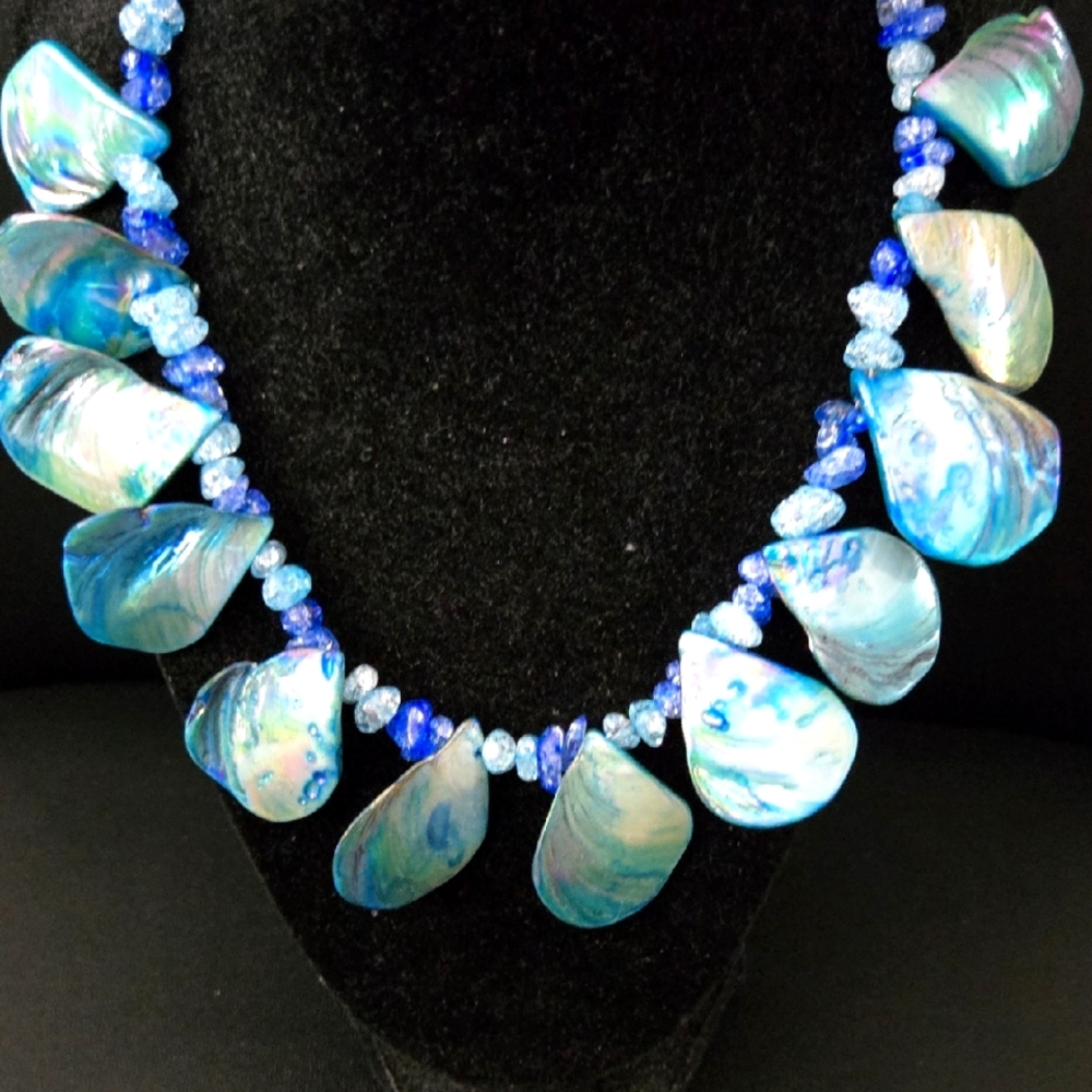 Blue Dyed Shell Necklace with Colored Glass Chip Beads